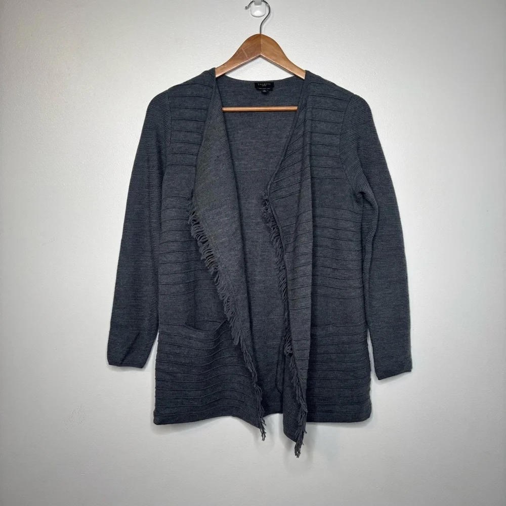 Talbots Petite Merino Wool Open Cardigan Fringe Gray Size SP